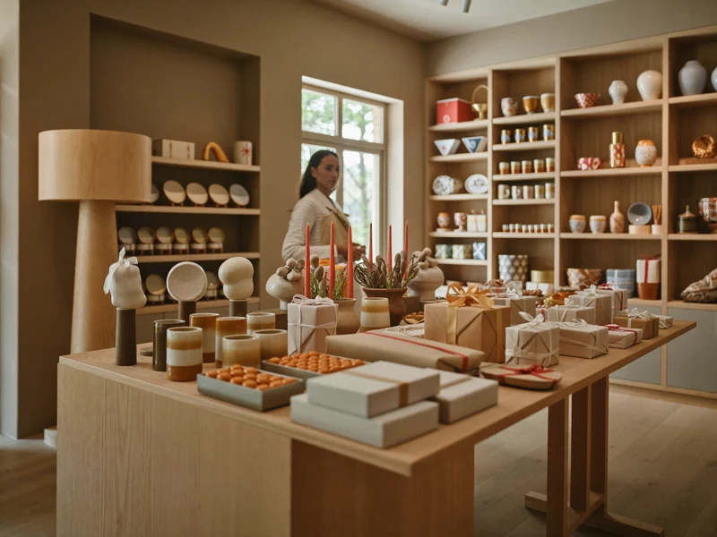 Interior de magazin de cadouri cu rafturi din lemn, ceramică, lumânări și pachete ambalate
